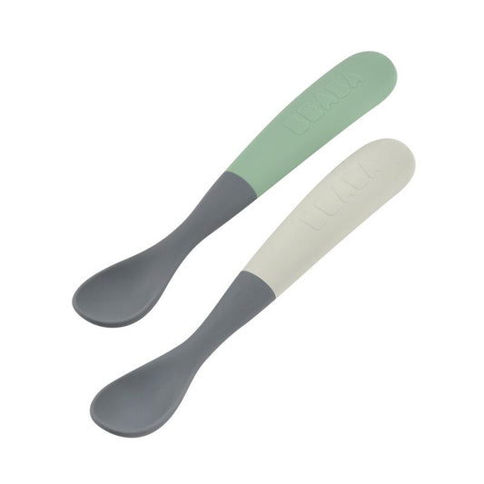 Set van 2 siliconenlepels - 1ste leeftijd tweekleurig met reisetui (mineral+sage green)