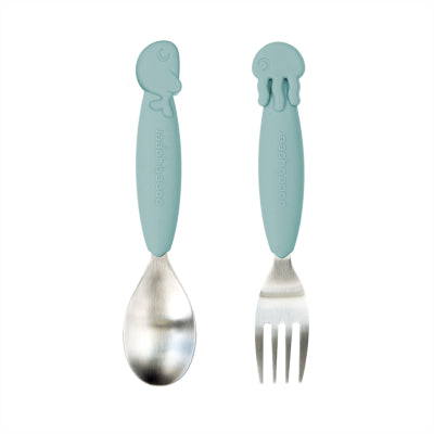 Easy-grip spoon & fork set, Sea friends, Blue
