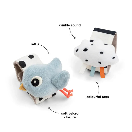 Wrist rattle set 2-pack Happy clouds Blue