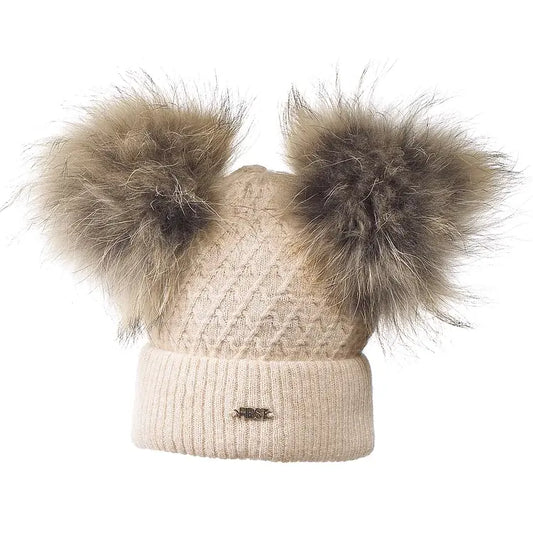 Frill Knitted Bonnet 2 fur ponpons - Beige