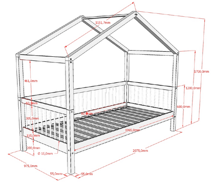 Huisbed 90 x 200 Beuk wit + bedlade