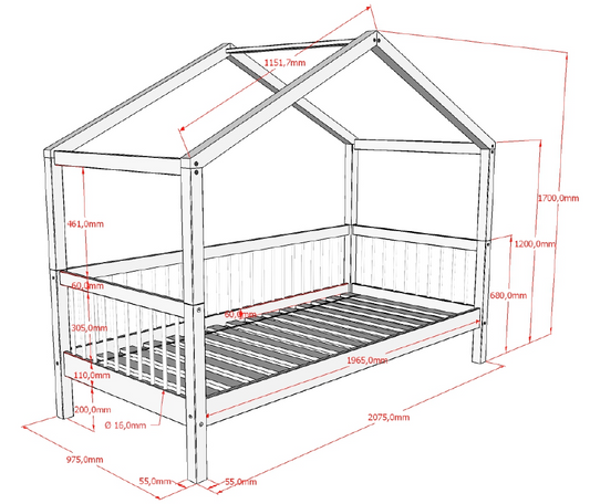 Huisbed 90 x 200 Beuk wit + bedlade